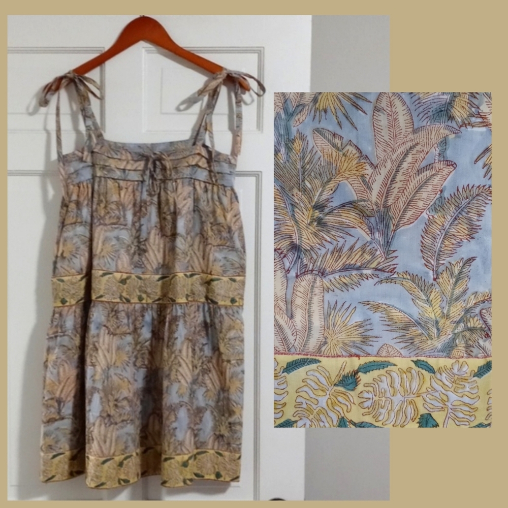 🌞Victoria Dunn🌞 - Tan/Yellow/Blue Leaves Shoulder Tie Summer Mini Dress